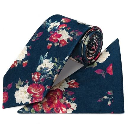 Navy Cotton with White and Red Flower Pattern Classic Tie and Pocket Square Set