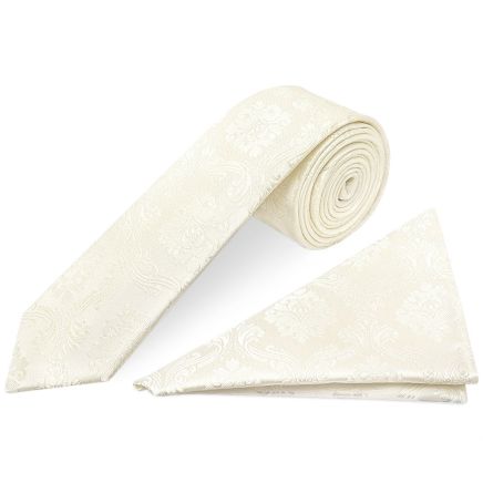 Ivory Paisley Skinny Boys Tie and Pocket Square Set