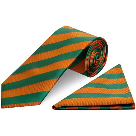 Orange and Green Striped Classic Men's Tie and Pocket Square Set