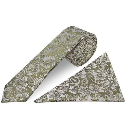 Mens Olive Floral Silk Skinny Tie and Pocket Square