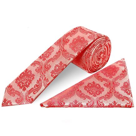 Coral Pink Paisley Skinny Boys Tie and Pocket Square Set