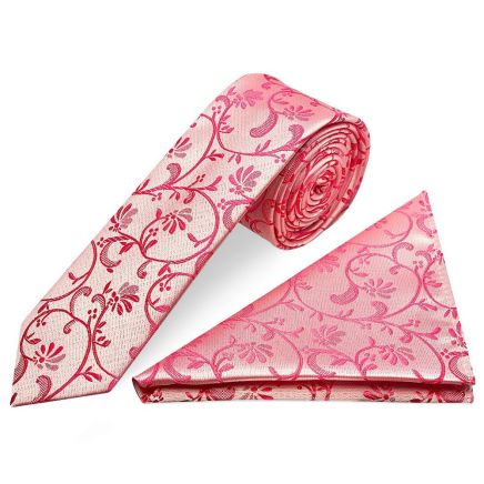 Light Coral Pink Floral Skinny Men's Tie and Pocket Square Set