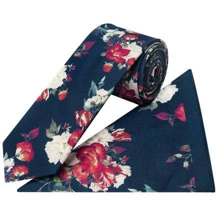 Navy Cotton with White and Red Flower Pattern Skinny Tie and Pocket Square Set