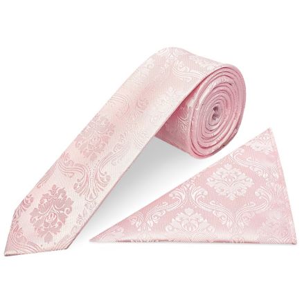 Blush Pink Paisley Skinny Men's Tie and Pocket Square Set