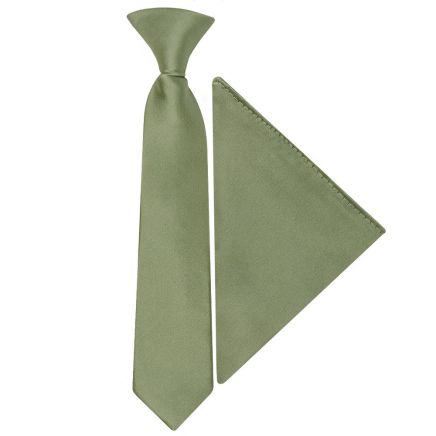 Pre Tied Plain Olive Green Satin Boys Tie and Pocket Square Set Age 4-7