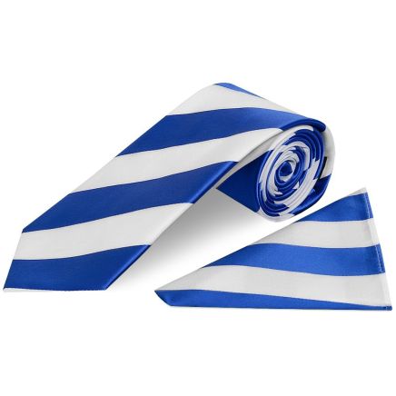 Blue and White Striped Classic Men's Football Tie and Pocket Square Set