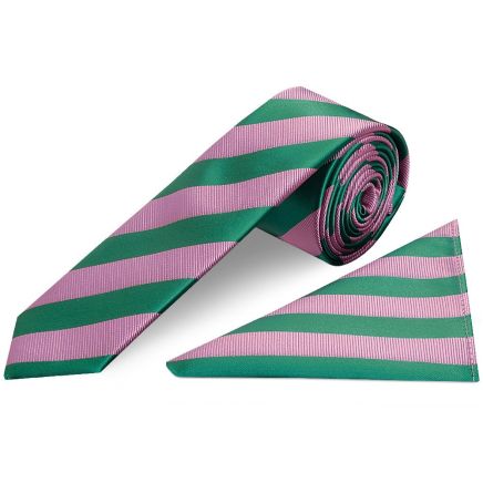 Pink and Green Striped Skinny Men's Tie and Pocket Square Set