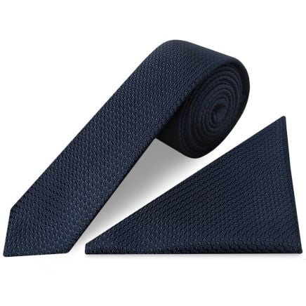 Navy Textured Skinny Tie and Pocket Square Set