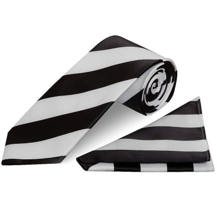 Black and White Striped Handmade Classic Men's Football Tie and Pocket Square Set