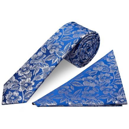 Mens Royal Blue Floral Silk Skinny Tie and Pocket Square