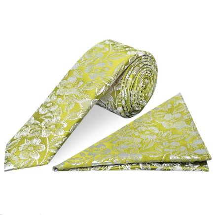 Mens Green Floral Silk Skinny Tie and Pocket Square