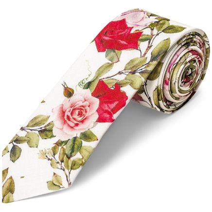 Men's White Cotton Skinny Tie with Green Leaves and Rose Pattern