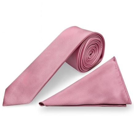 Dusty Pink Satin Skinny Men's Tie and Pocket Square Set