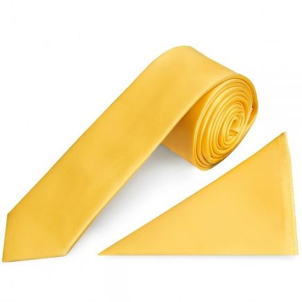 Plain Yellow Gold Satin Skinny Men's Tie and Pocket Square Set