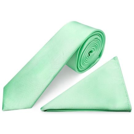 Plain Seafoam Green Satin Skinny Mens Tie and Pocket Square Set