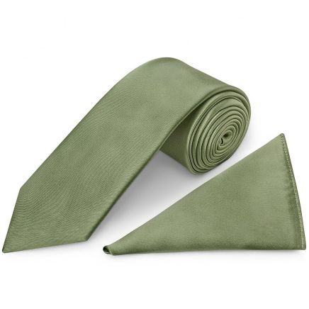 Mens Plain Olive Green Satin Classic Tie and Pocket Square Set
