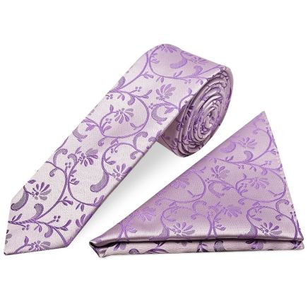 Cadbury Purple Floral Skinny Men's Tie and Pocket Square Set