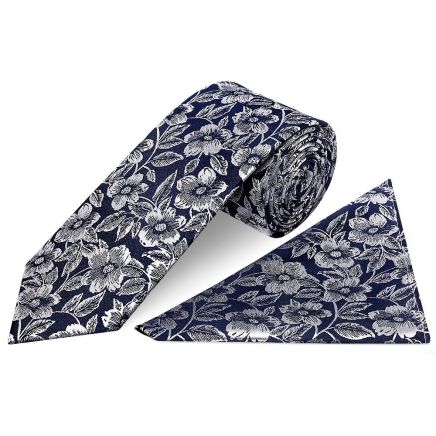 Mens Navy Floral Silk Classic Tie and Pocket Square