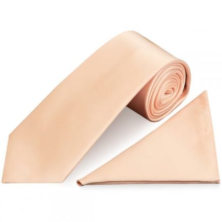 Plain Light Peach Satin Classic Men's Tie and Pocket Square Set