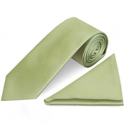 Plain Sage Green Satin Classic Men's Tie and Pocket Square Set