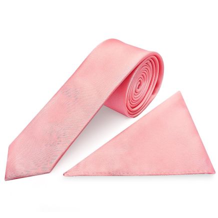 Plain Blush Rose Boys Satin Skinny Tie and Pocket Square Set