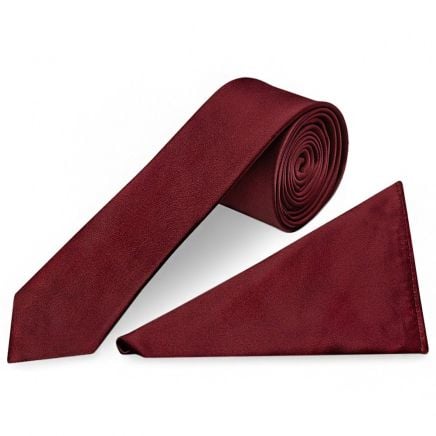 Plain Burgundy Satin Skinny Men's Tie and Pocket Square Set