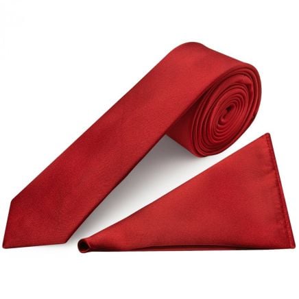 Plain Scarlet Red Skinny Men's Tie and Pocket Square Set