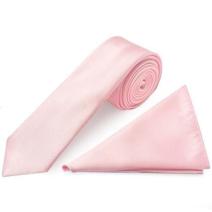 Baby Pink Satin Skinny Men's Tie and Pocket Square Set