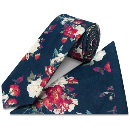 Navy Cotton with White and Red Flower Pattern Skinny Tie and Pocket Square Set
