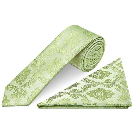 Sage Green Paisley Skinny Men's Tie and Pocket Square Set