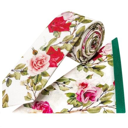 White Cotton with Green Leaves and Rose Pattern Skinny Tie and Pocket Square Set