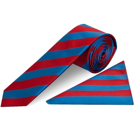 Red and Blue Striped Skinny Men's Tie and Pocket Square Set