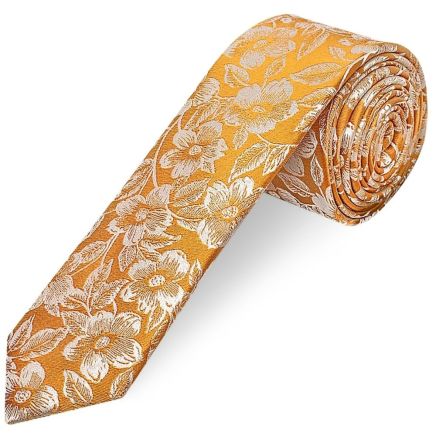 Mens Gold Floral Silk Skinny Tie