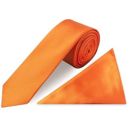 Plain Orange Satin Skinny Men's Tie and Pocket Square Set