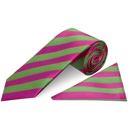Pink and Lime Striped Classic Men's Tie and Pocket Square Set