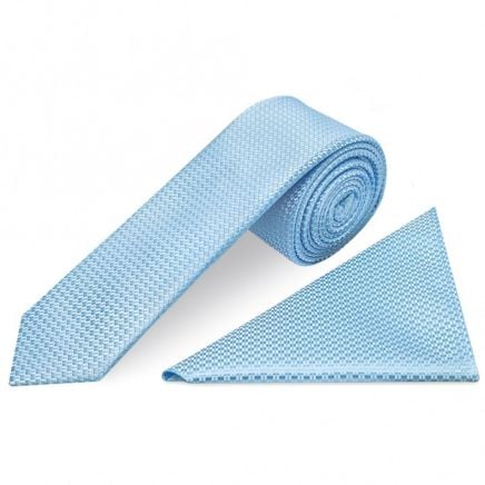 Dusty Blue Textured Skinny Tie and Pocket Square Set