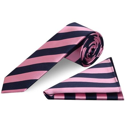 Navy and Pink Striped Skinny Men's Tie and Pocket Square Set