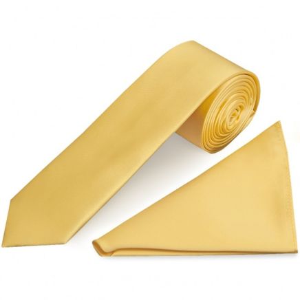 Plain Gold Satin Skinny Men's Tie and Pocket Square Set