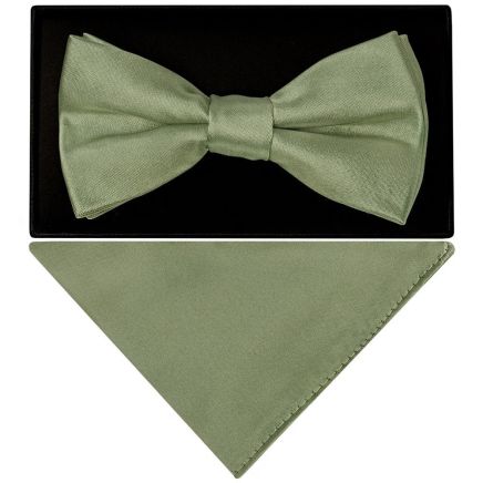 Mens Plain Olive Green Satin Bow Tie and Pocket Square Set