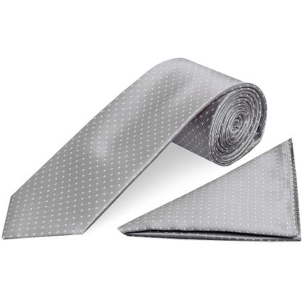 Silver and White Polka Dot Classic Men's Tie Pocket Square Set