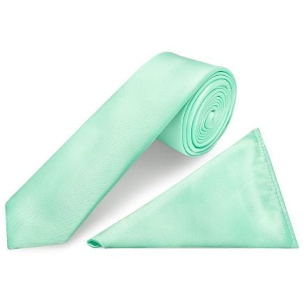 Plain Mint Green Satin Skinny Men's Tie and Pocket Square Set