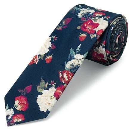 Men's Navy Cotton Skinny Tie with White and Red Flower Pattern