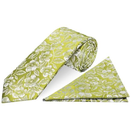 Mens Green Floral Silk Classic Tie and Pocket Square