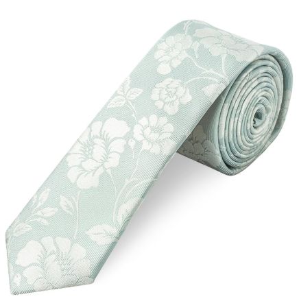 Duck Egg with White Floral Silk Skinny Tie