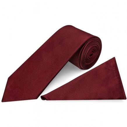 Plain Burgundy Satin Classic Men's Tie and Pocket Square Set