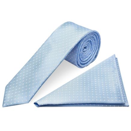 Light Blue and White Polka Dot Skinny Men's Tie Pocket Square Set