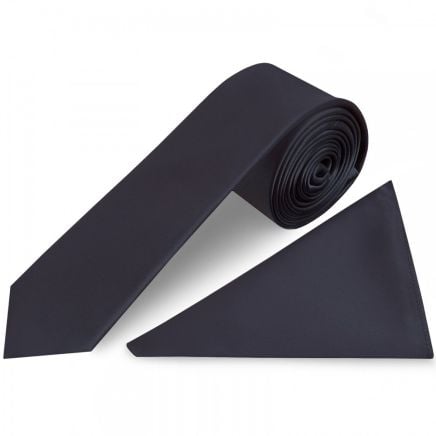 Plain Navy Blue Satin Skinny Boys Tie and Pocket Square Set