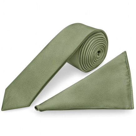 Mens Plain Olive Green Satin Skinny Tie and Pocket Square Set