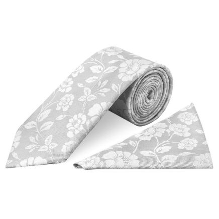 Men's Silver with White Floral Silk Classic Tie and Pocket Square