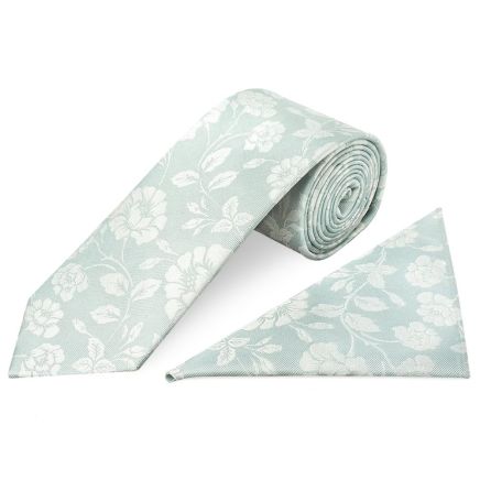 Duck Egg with White Floral Silk Classic Tie and Pocket Square Set